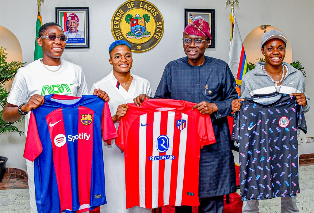 SUPER FALCONS STARS, ASISAT OSHOALA, RASHEEDAT AJIBADE, MONDAY GIFT PAY COURTESY VISIT TO GOV. SANWO-OLU AT LAGOS HOUSE, MARINA